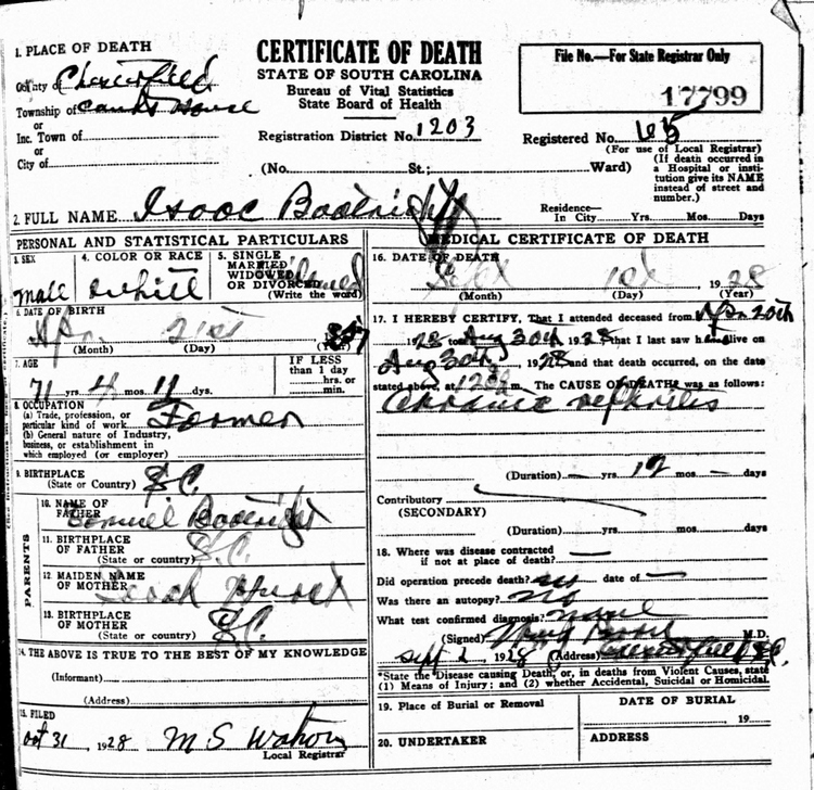 Isaac James Boatwright Death Certificate: