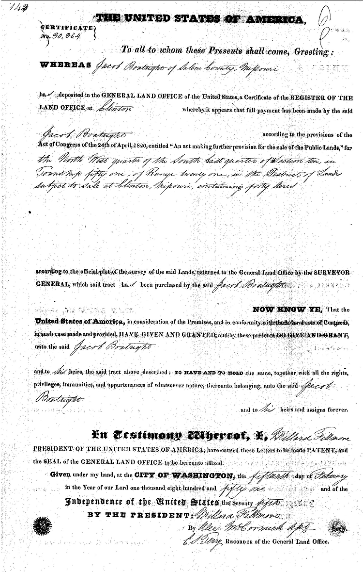Jacob Boatright Land Office Record 1851: