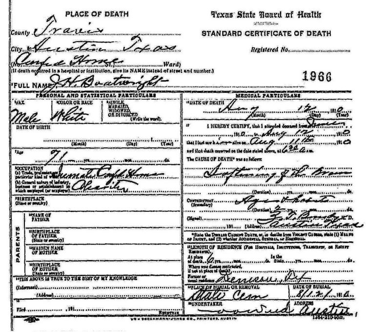 James Harvey Boatright Death Certificate: