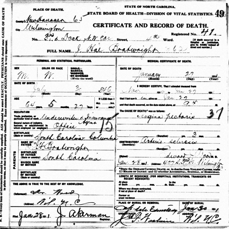 James Henry Boatwright Death Certificate: