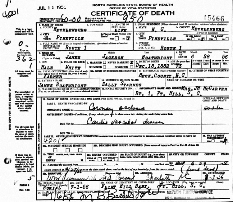 James Jackson Boatwright Death Certificate: