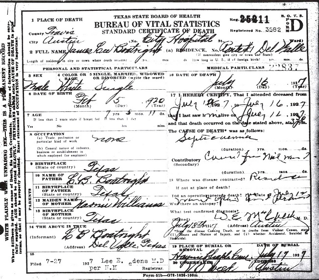 James Lee Boatright Death Certificate: