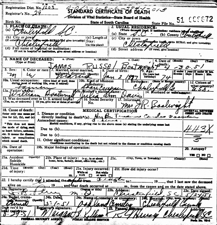 James Russell Boatwright Death Certificate: