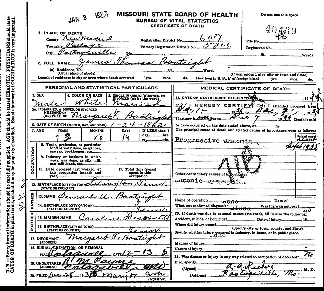 James Thomas Boatright Death Certificate: