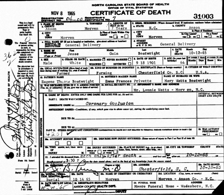 Jesse Gwyn Boatwright Death Certificate: