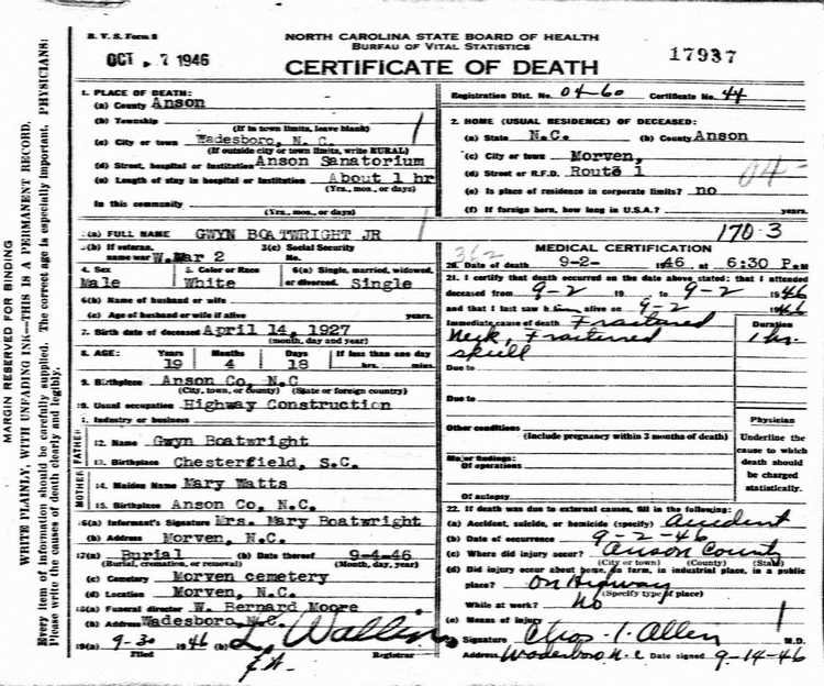 Jesse Gwyn Boatwright Jr Death Certificate: