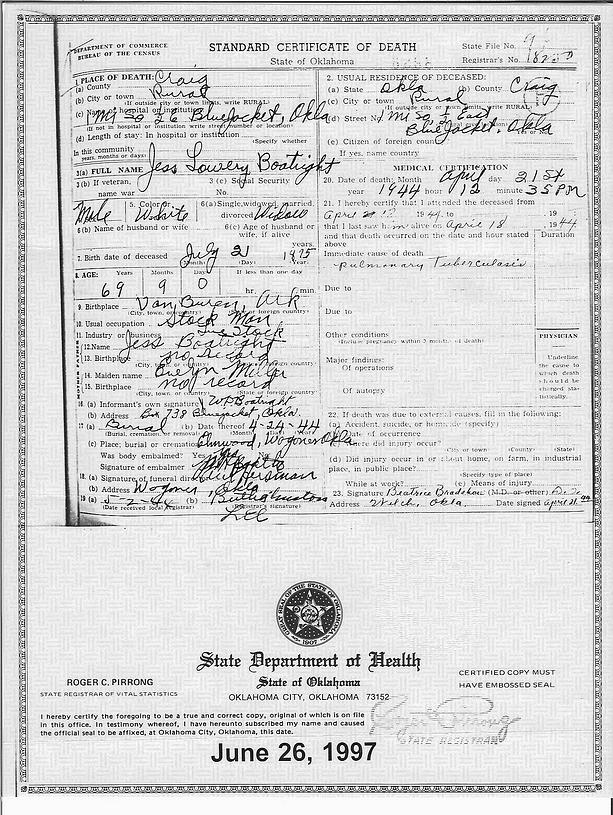 Jesse Lowery Boatright Death Certificate: