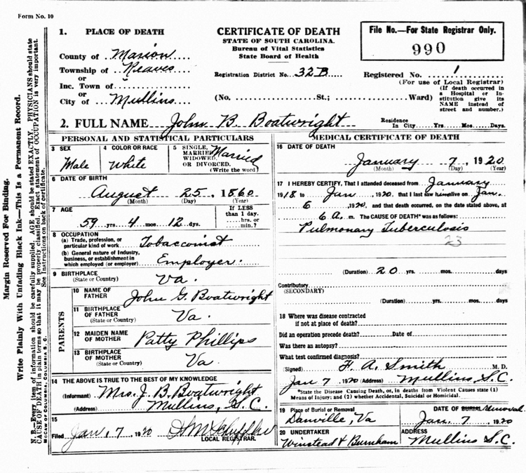 John Ballard Boatwright Death Certificate: