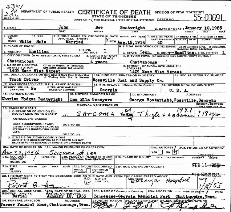 John Bee Boatwright Death Certificate: