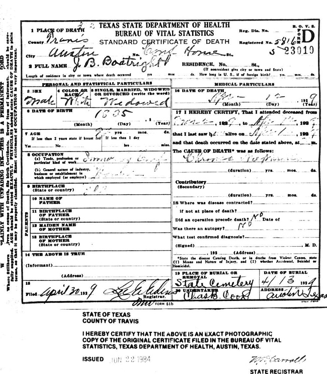 John Benton Boatright Death Certificate:
