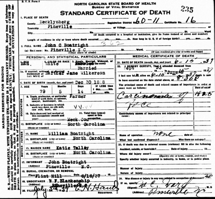 John Calhoun Boatwright Death Certificate: