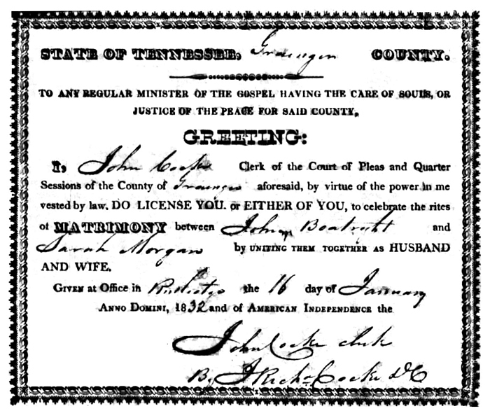 John Calvin Boatwright and Sarah Morgan Marriage Certificate