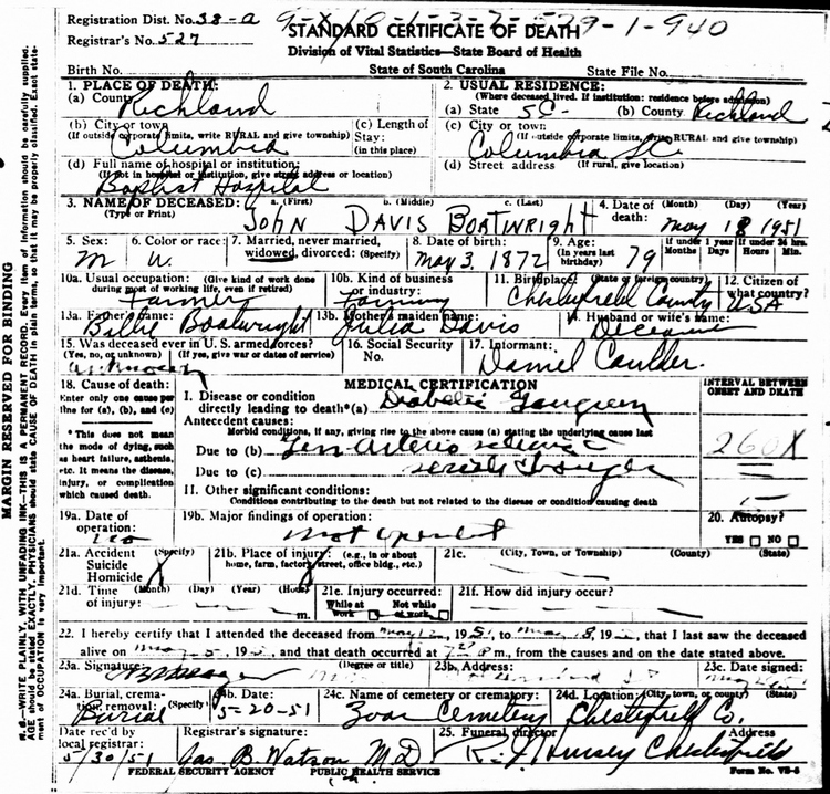 John Davis Boatwright Death Certificate: