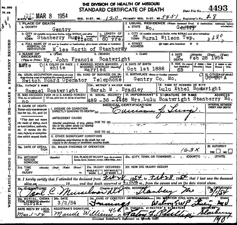 John Francis Boatwright Death Certificate: