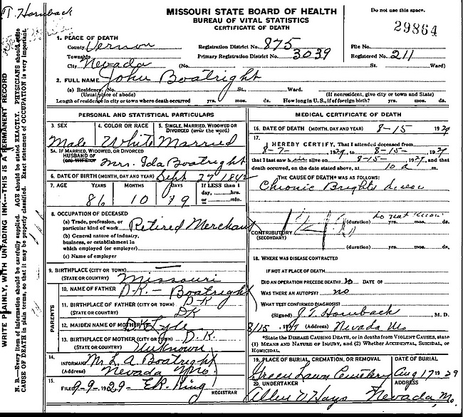 John G. Boatright Death Certificate: