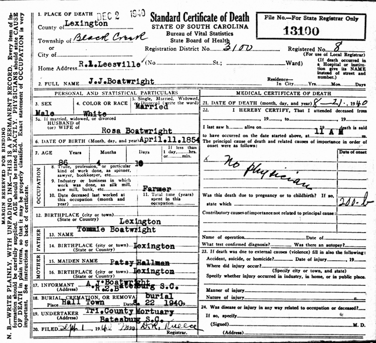 John Jeter Boatwright Death Certificate: