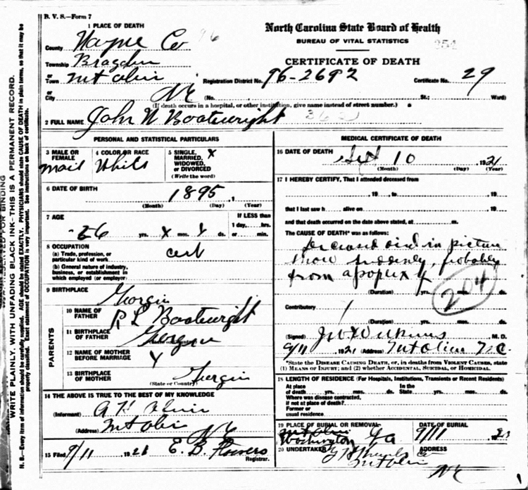 John Wesley Boatwright Death Certificate: