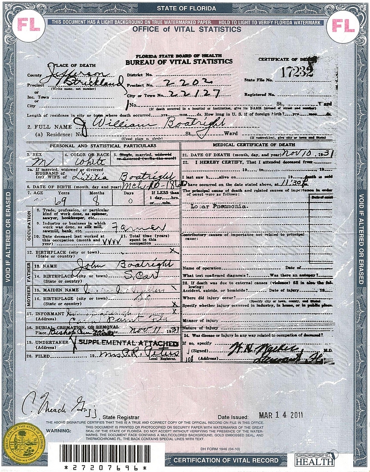 John William Boatwright Death Certificate:
