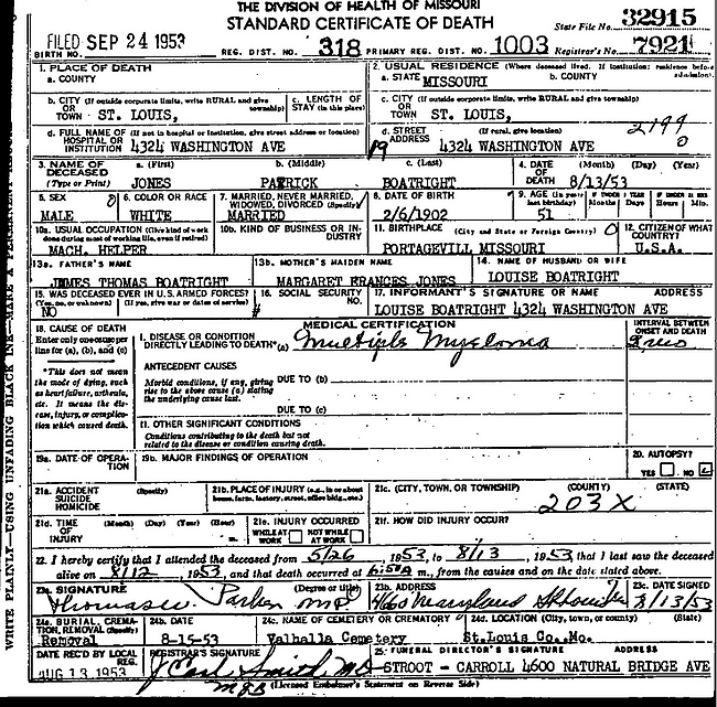 Jones Patrick Boatright Death Certificate: