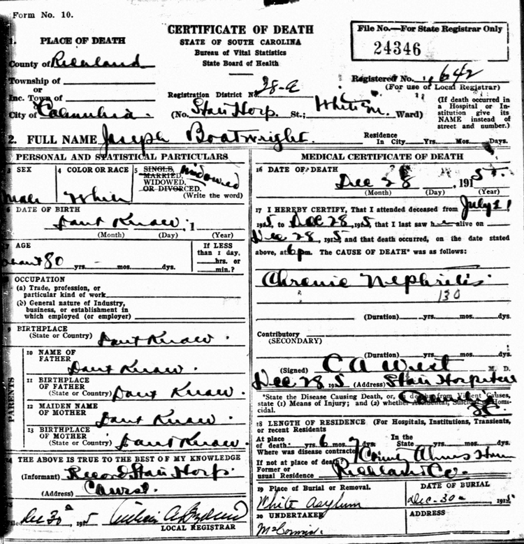 Joseph S. Boatwright Death Certificate: