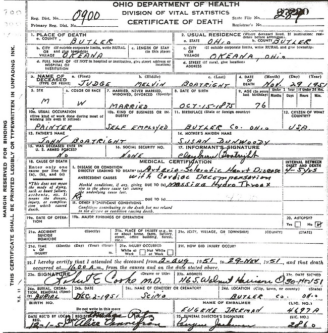 Judge Melvin Boatright Death Certificate:
