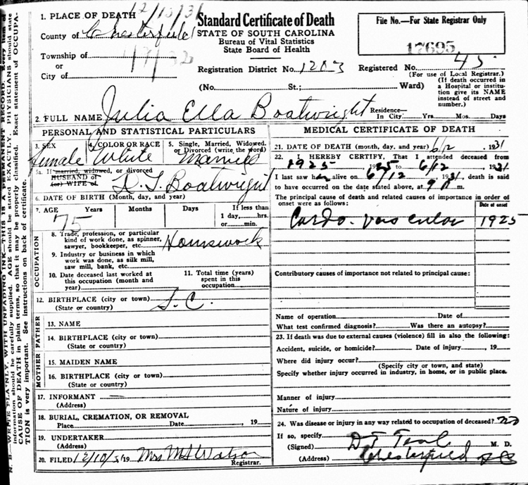Julia Ella Rivers Boatwright Death Certificate: