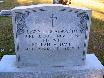 Lewis Leroy and Beulah M. Davis Boatwright Gravestone