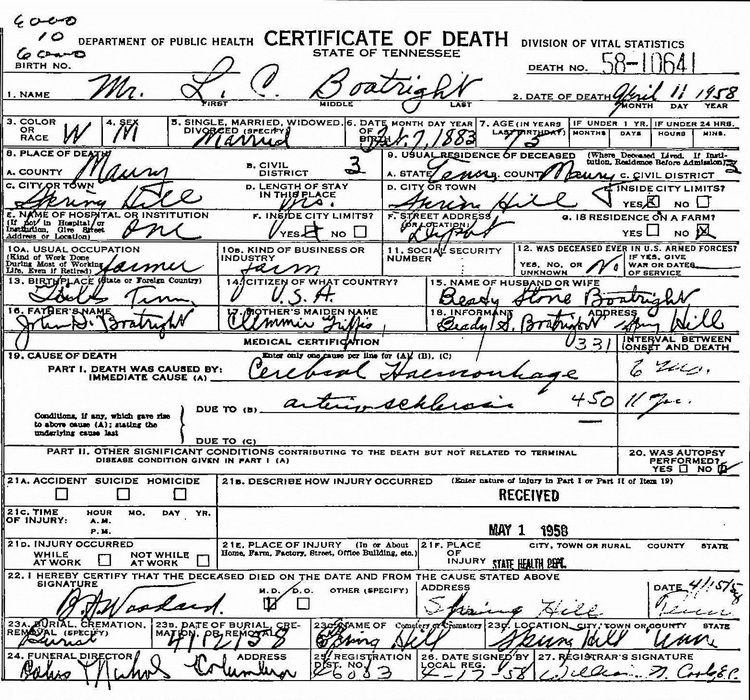 Loice Clyde Boatright Death Certificate: