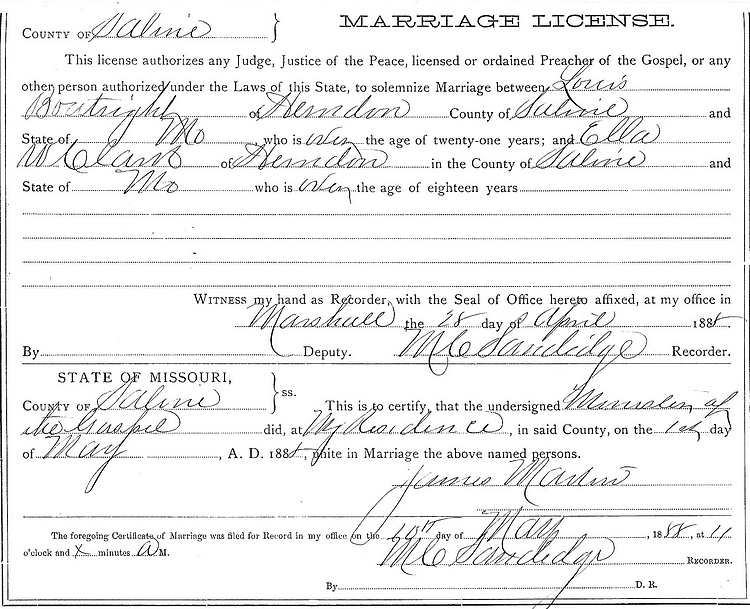 Louis and Ella Williams Clark Boatright Marriage License: