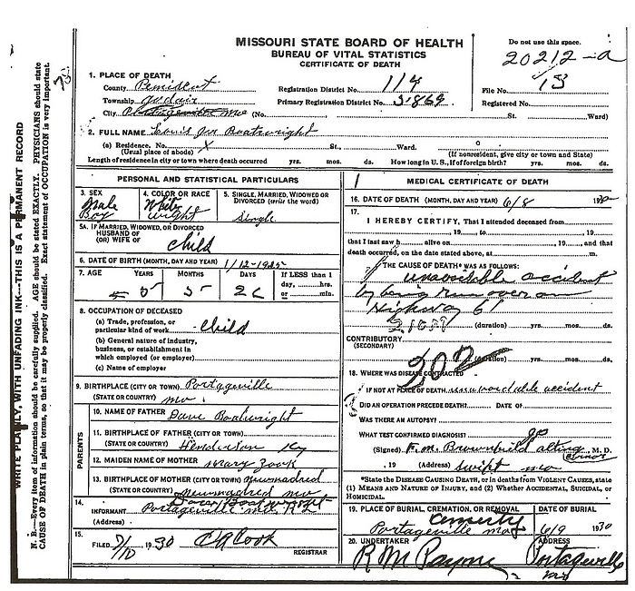 Louis Joseph Boatright Death Certificate: