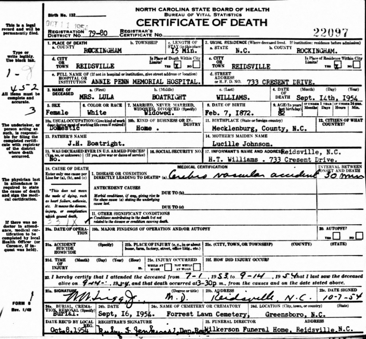 Lula Estelle Boatright Williams Death Certificate: