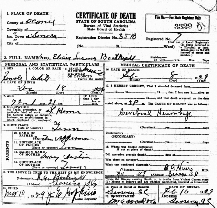 Luvene Elaina Apperson Boatright Death Certificate: