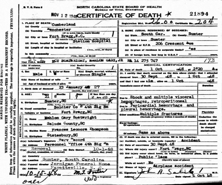 Mahlon Gary Boatwright Death Certificate:
