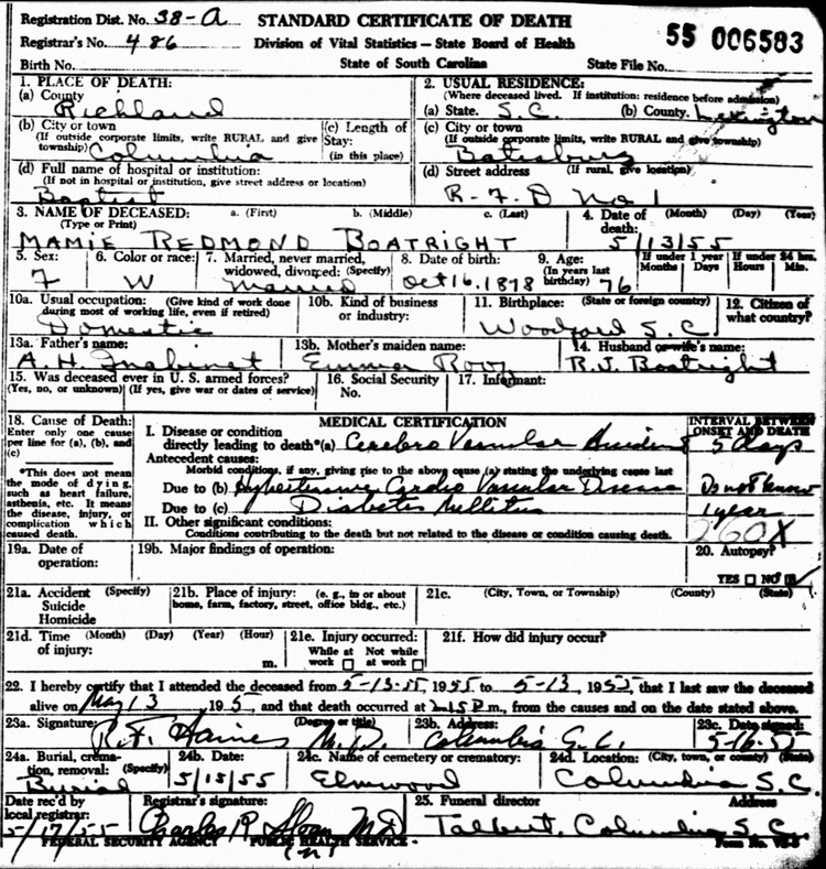 Mamie M. Inabinet Boatwright Death Certificate: