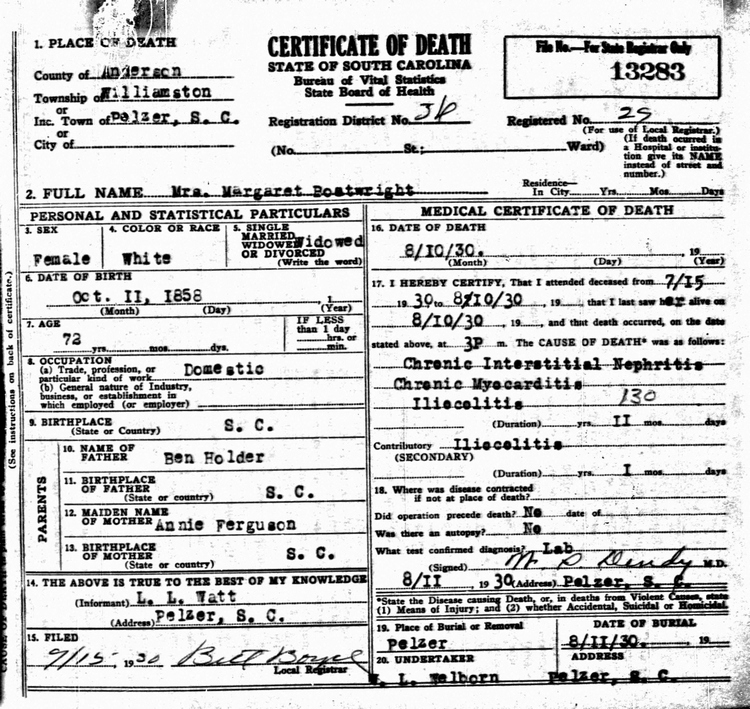 Margaret Holder Boatwright Death Certificate: