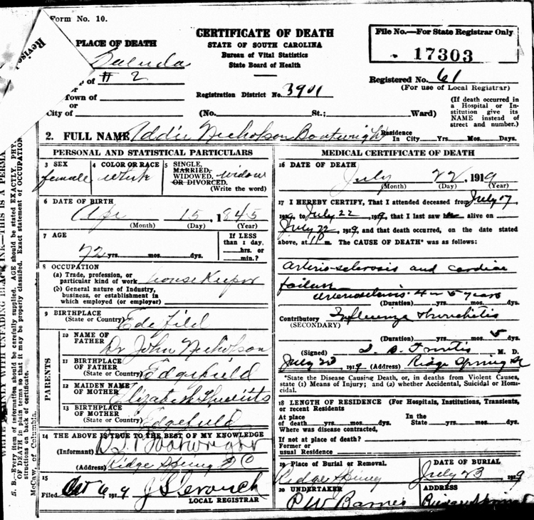 Maria Adeline Nicholson Boatwright Death Certificate: