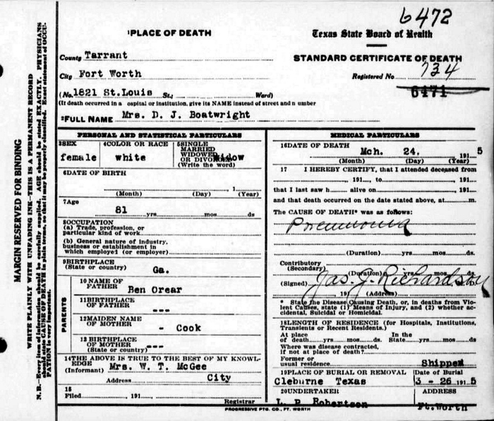 Martha O'Rear Boatwright Death Certificate: