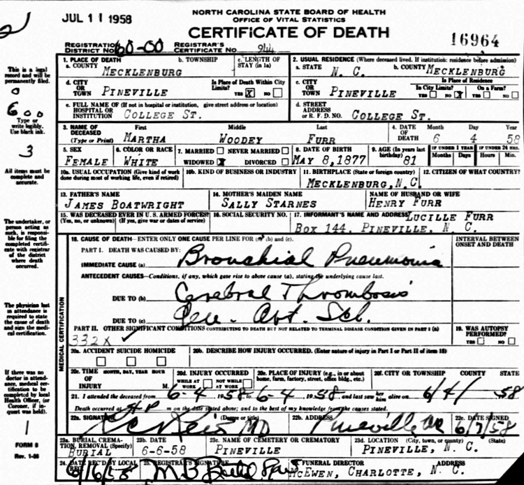 Martha Woody Boatwright Furr Death Certificate: