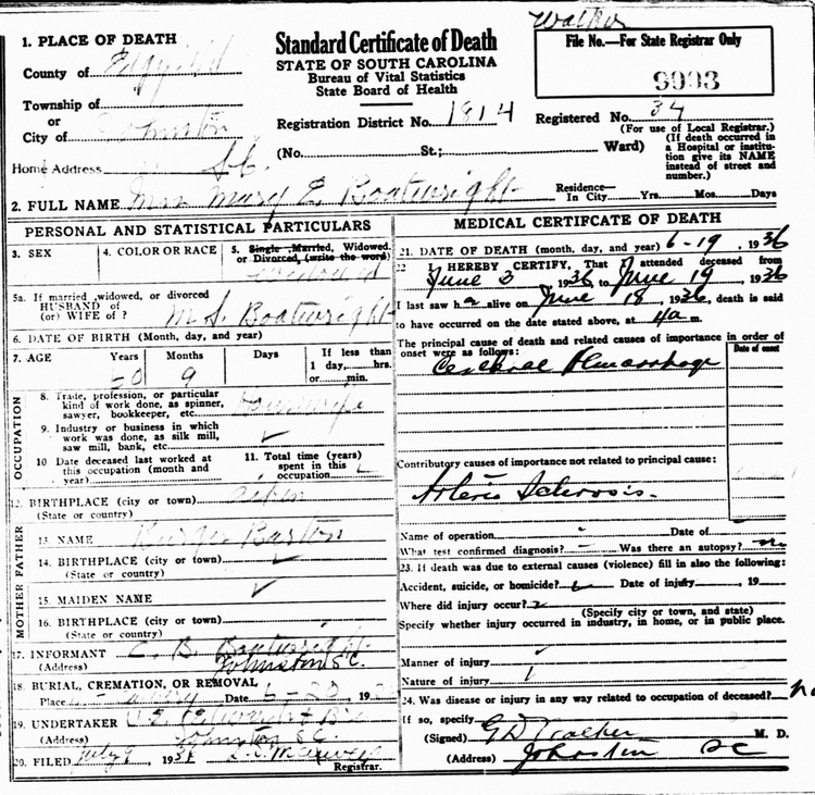 Mary Barton Boatwright Death Certificate:
