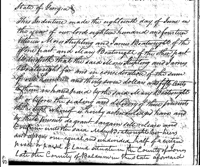 Mary Boatwright purchase of Land in Jones County, Georgia