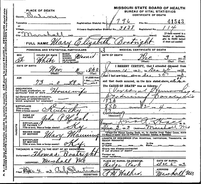 Mary Elizabeth Harl Boatright Death Certificate:
