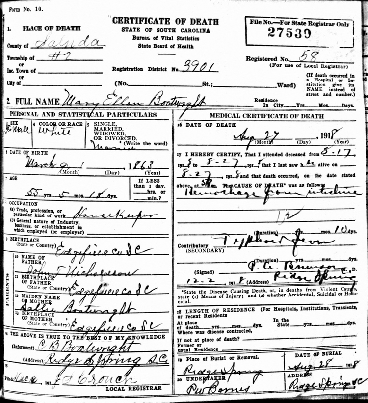Mary Ellen Nicholson Boatwright Death Certificate: