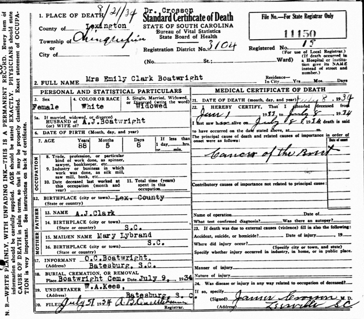 Mary Emily Clark Boatwright Death Certificate: