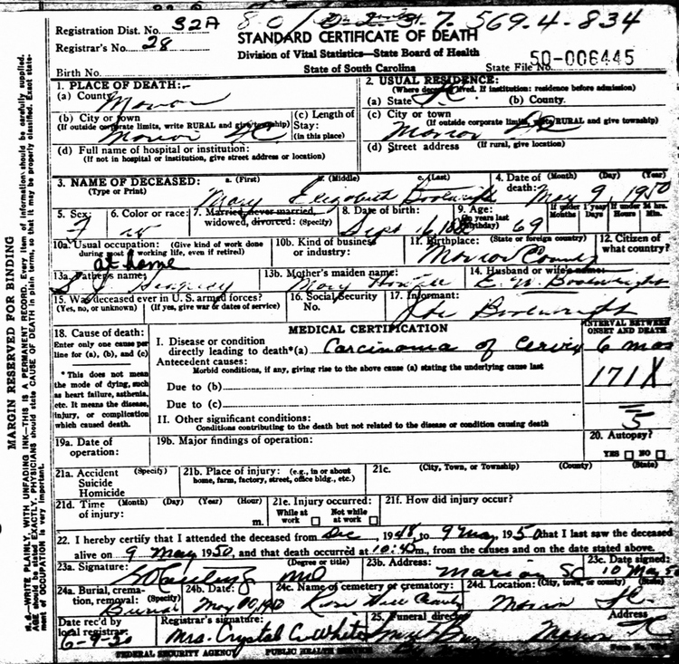 Mary Elizabeth Hennecy Boatwright Death Certificate: