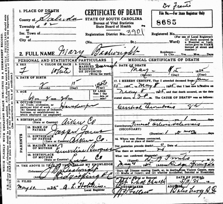 Mary Catherine Jones Boatwright Death Certificate: