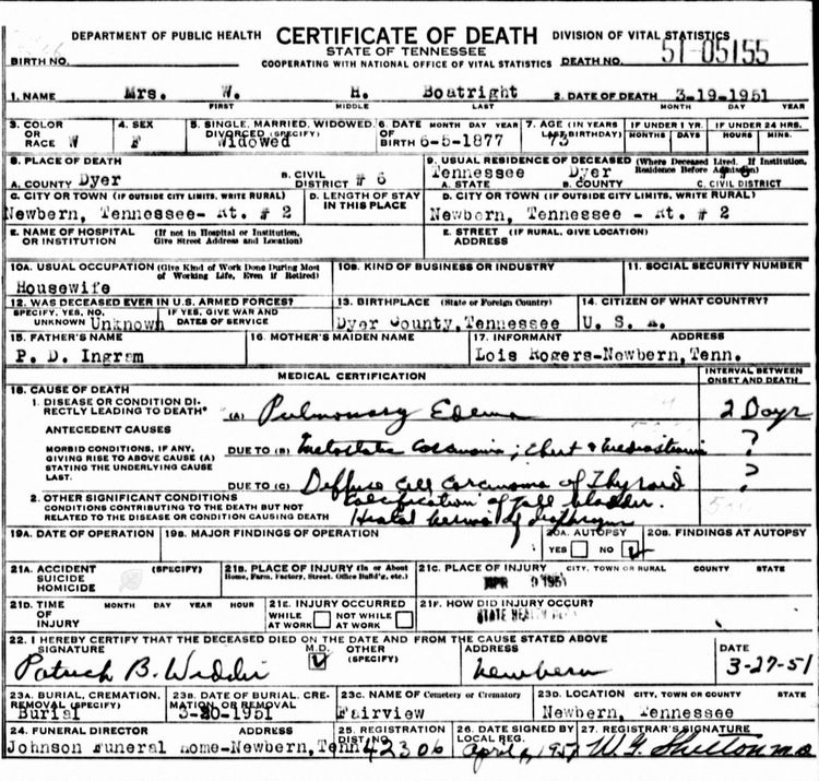 Melisa Ingram Boatwright Death Certificate:
