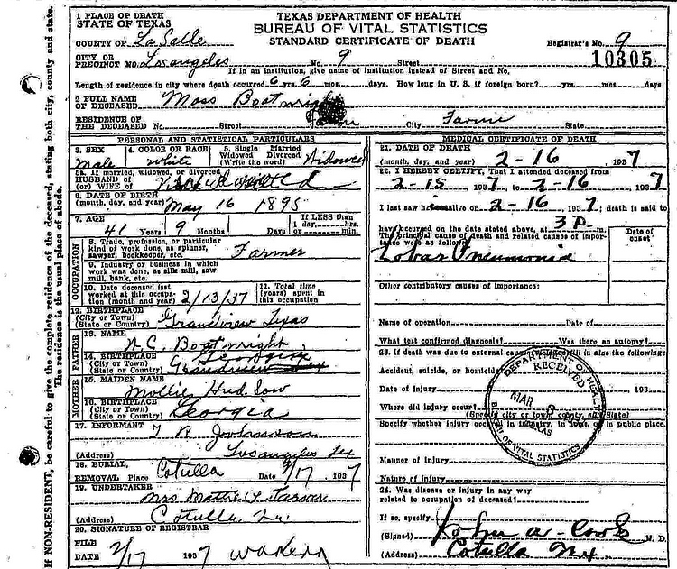 Moss Boatwright Death Certificate: