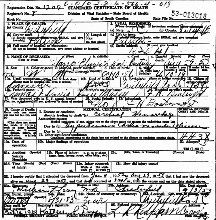 Nancy Elizabeth Davis Boatwright Death Certificate: