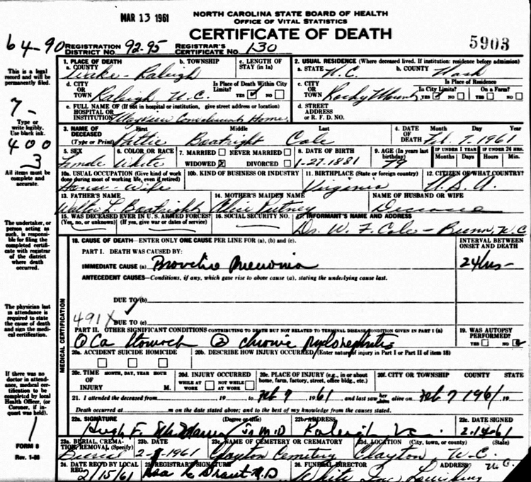 Patricia Taylor Boatwright Cole Death Certificate: