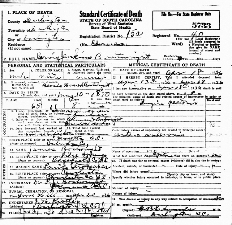 Purvis Jenkins Boatwright Death Certificate: